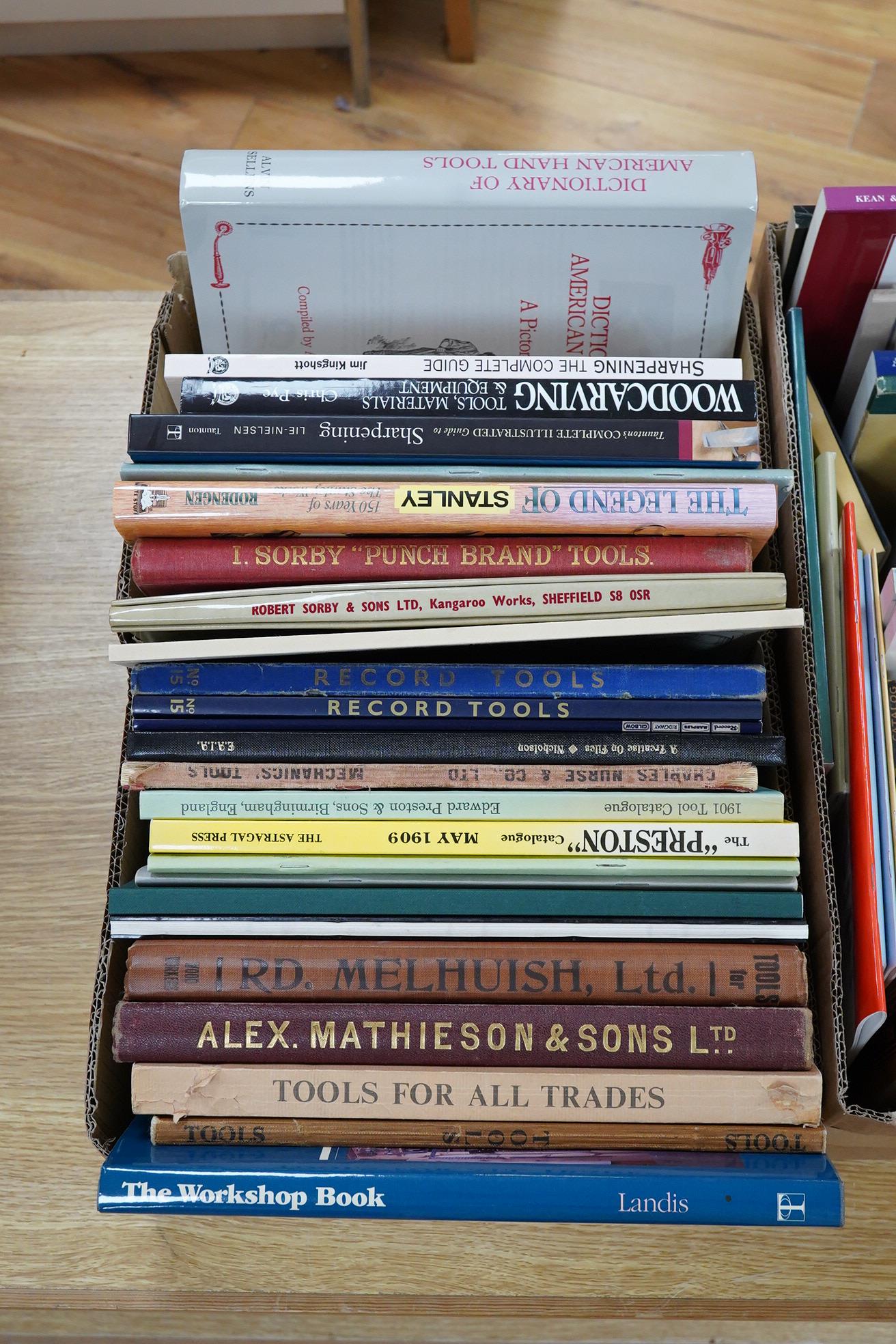 Two boxes of woodworking related books, titles include; The Workshop Book, Tools for all Trades, Alex Mathieson & Sons Ltd., Record Tools catalogues, Sorby ‘Punch Brand’ Tools catalogues, The Legend of Stanley, The Lie-N